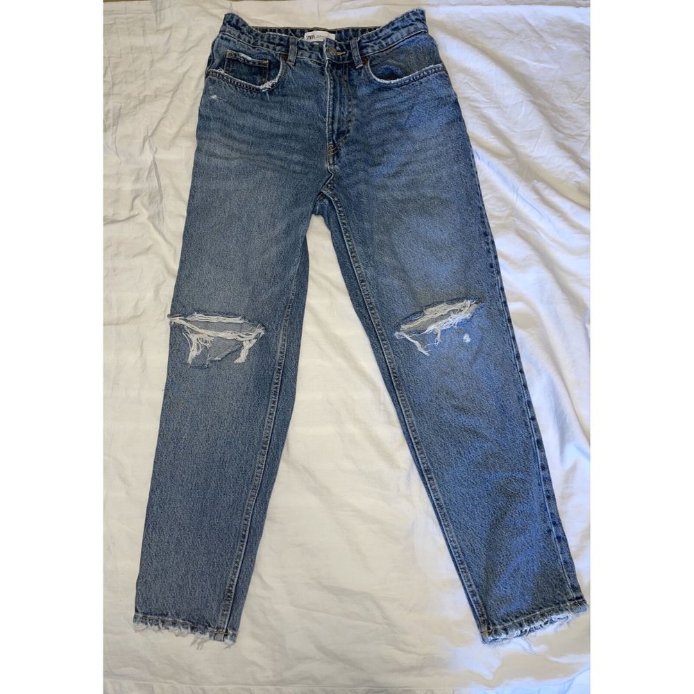 Zara Denim Jeans Medium Rise Relaxed Fit Distress USA Size 6/ Eur 38 Blue Women